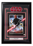 Sports Integrity's Ray Park Signed Framed 11x14 Star Wars Darth Maul Photo features Darth Maul with a red lightsaber, signed by Ray Park, and includes a nameplate reading "Ray Park Darth Maul.
