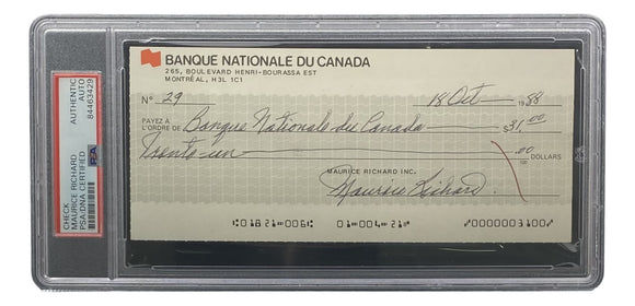 Maurice Richard Signed Montreal Canadiens Personal Bank Check #29 PSA/DNA Sports Integrity