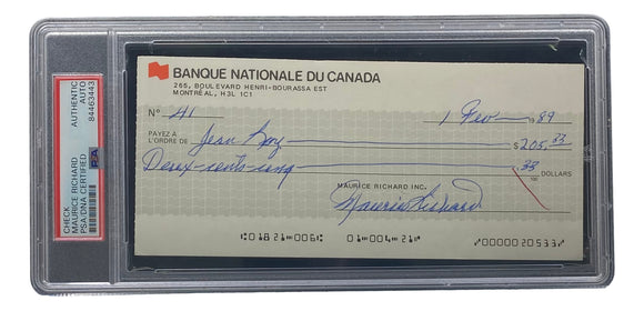 Maurice Richard Signed Montreal Canadiens Personal Bank Check #41 PSA/DNA Sports Integrity
