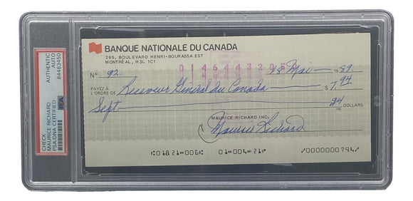Maurice Richard Signed Montreal Canadiens Personal Bank Check #92 PSA/DNA Sports Integrity