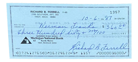 Rick Ferrell Boston Red Sox Signed Personal Bank Check #1357 BAS Sports Integrity