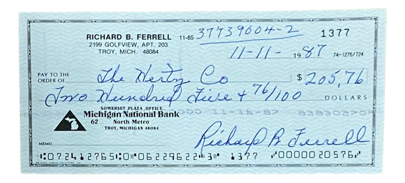 Rick Ferrell Boston Red Sox Signed Personal Bank Check #1377 BAS Sports Integrity