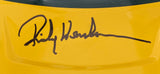 A Rickey Henderson signature appears on a yellow Oakland A's full size replica batting helmet from Sports Integrity.