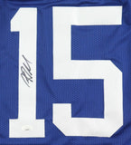The Sports Integrity Riley Leonard Indianapolis blue football jersey features a white number 15 and is signed in black ink across the left side of the '1'; includes JSA hologram.