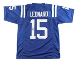 The Sports Integrity Riley Leonard Indianapolis Signed Blue Football Jersey (JSA Hologram) features white shoulder stripes, "LEONARD" and autographed #15 on the back, with #15 also shown on the sleeves.
