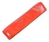 A long, rectangular red package with a shiny surface is shown against a white background. One end displays a small blue and white label. The product is a Rob Gronkowski Signed New England Patriots End Zone Pylon by Sports Integrity.