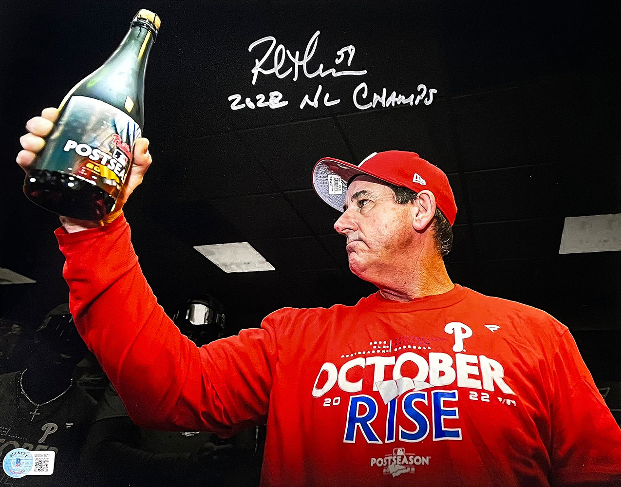 Rob Thomson Signed 11x14 Phillies Champagne Photo 22 NL Champs BAS