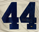 The Robert Newhouse Dallas Signed White Football Jersey by Sports Integrity features a large blue number 44, a black autograph with "44" signed below the name, and an authentication sticker near the signature.