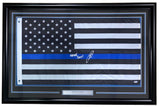 The Sports Integrity Robert O'Neill Signed Framed Blue Line American Flag features a "Never Quit!" inscription, autograph, PSA ITP hologram, and a nameplate displayed below the flag inside the frame.