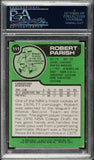 The Sports Integrity Robert Parrish Signed 1977-78 Topps #111 Golden State Warriors Rookie Card PSA comes encased, showcasing career stats, a cartoon of Parish, and text about his NBA debut and achievements through 1977.