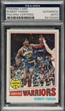 A PSA-certified 1977-78 Topps #111 Robert Parish Golden State Warriors rookie card, signed and labeled Authentic Auto by Sports Integrity, shows Parish (#00) jumping with a basketball and displays WARRIORS and Robert Parish at the bottom.