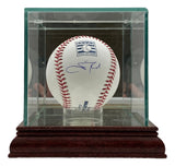 The Sports Integrity Scott Rolen Cardinals Signed Official Hall Of Fame Logo Baseball w/ Case BAS features a blue autograph and logo on the front, displayed in a glass case with a wooden base.