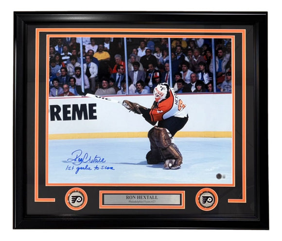 Ron Hextall Signed Framed 16x20 Flyers Goal Photo 1st Goalie To Score BAS