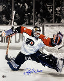 The Sports Integrity Ron Hextall Signed 16x20 Philadelphia Flyers Glove Save Photo (BAS) shows Hextall in his white, orange, and black jersey making a dramatic glove save as fans watch. His autograph appears below the image.