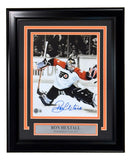 Sports Integrity Ron Hextall Signed Framed 8x10 Save Photo features the Philadelphia Flyers goalie in action, with his large blue autograph and a plaque below the image.