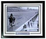 The Sports Integrity Ron Turcotte Signed Framed 16x20 Secretariat Belmont Stakes Photo (JSA) features a black-and-white image of Secretariat and jockey Ron Turcotte far ahead on the track, with a signature and plaque.