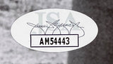 Sports Integrity’s Ron Turcotte Signed Framed 16x20 Secretariat Belmont Stakes Photo features a white oval JSA sticker with faded letters, a signature background, and AM54443 printed in black inside a rectangular box.
