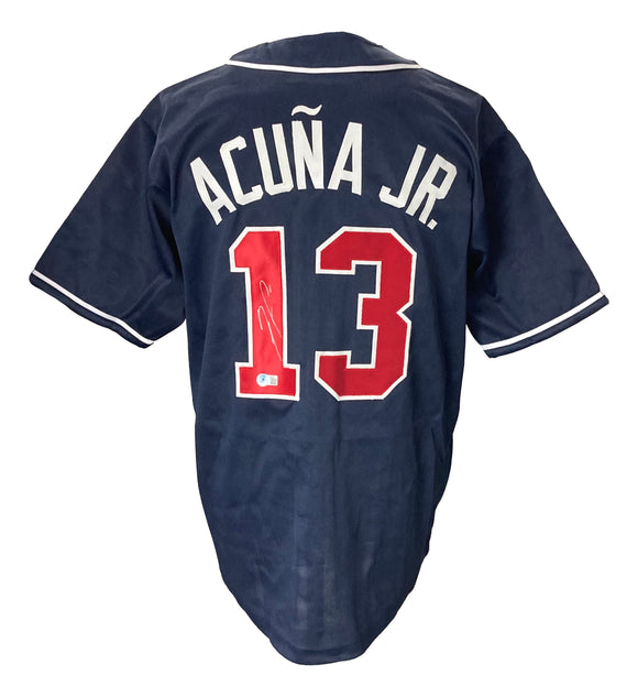 Ronald Acuna Jr Signed Custom Navy Blue Pro-Style Baseball Jersey BAS ITP