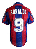 The Sports Integrity Ronaldo Signed Barcelona Kappa Soccer Jersey BAS features red and blue vertical stripes, RONALDO and number 9 on the back, plus a signature on the number.