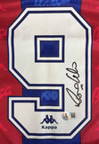 The Sports Integrity Ronaldo Signed Barcelona Kappa Soccer Jersey BAS features vertical red and blue stripes, a large white number 9 outlined in blue with a black signature, the Kappa logo, and a holographic sticker below the number.