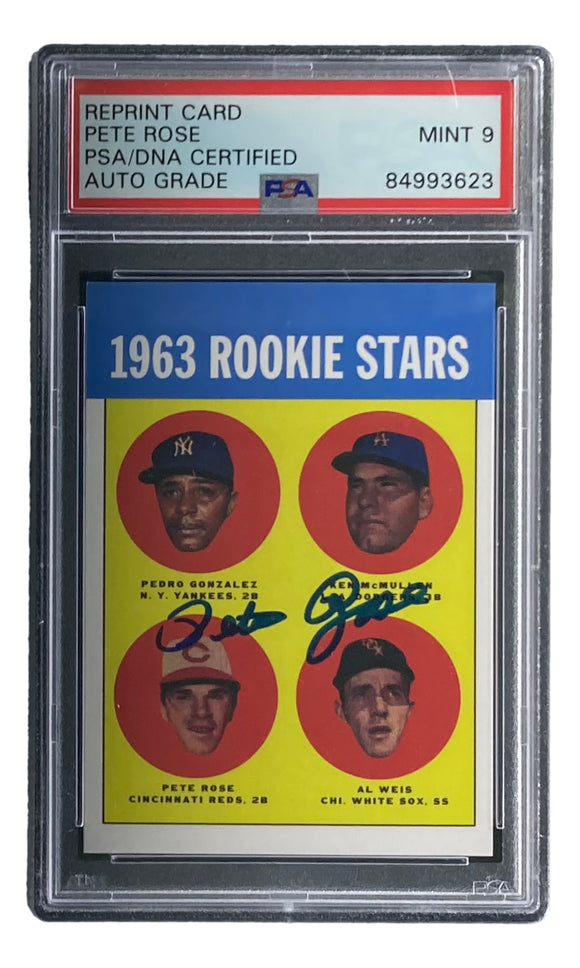 Pete Rose Signed Reprint 1963 Topps Rookie Stars #537 Baseball Card PSA/DNA Mint 9 Sports Integrity