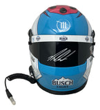 The Sports Integrity Ross Chastain Signed NASCAR Busch Light Full Size Replica Racing Helmet features a blue and white design, Busch Light logo, black visor with white autograph, and a coiled black cable on the left side.