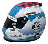 The Sports Integrity Ross Chastain Signed NASCAR Busch Light Full Size Replica Racing Helmet BAS features a blue, white, and red design with mountain graphics, sponsor logos, and Ross Chastain’s name above the visor.