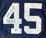 Sports Integrity Rudy Ruettiger Notre Dame Signed Blue Football Jersey “Never Quit” with large white “45” on back and two black marker signatures left of the four; authenticated by BAS.