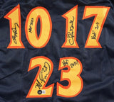 The Hardaway Mullin Richmond Golden State Signed Navy Run TMC Basketball Jersey by Sports Integrity features large yellow numbers 10, 17, and 23 with autographs and HOF inscriptions.