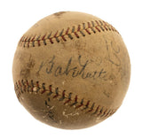 The Sports Integrity Babe Ruth Gehrig Speaker Signed 1931 American League Baseball (JSA ZZ05094) features visible stitching and multiple faded signatures, including a prominent Babe Ruth autograph, presented against a white background.