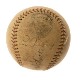 This Babe Ruth Gehrig Speaker Signed 1931 American League Baseball by Sports Integrity shows heavy wear, faded red stitching, multiple faded signatures, and stamped markings. Authenticated by JSA (ZZ05094).
