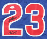 The Sports Integrity Ryne Sandberg Chicago Signed Blue Baseball Jersey HOF 05 features large white and red number 23, black autographs on the 2 and 3, and a JSA hologram sticker above the number.