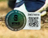 Close-up of the Beckett Witness Autograph sticker and label on the Sammy Sosa Signed Framed 16x20 Chicago Cubs White Jersey Photo by Sports Integrity, showing a QR code, serial number 3W374414, and "Beckett Verified Authentic" on a green holographic circle.