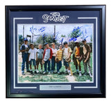 The Sandlot Cast Signed Framed 16x20 Photo by Sports Integrity features autographs from Patrick Renna, Tom Guiry, and six others. The photo shows nine boys on a baseball field with The Sandlot logo and a nameplate.