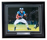 The Sports Integrity Saquon Barkley Signed Framed 16x20 Philadelphia Eagles Photo features Barkley running with a football, includes his autograph, and comes with a nameplate below the image.