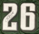 The Saquon Barkley Philadelphia Signed Green Football Jersey by Sports Integrity features a large white and gray number 26 with an autograph on the left digit and a PSA/DNA ITP authentication sticker near the bottom of the 2.