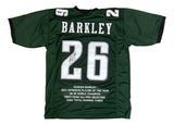 The Sports Integrity Saquon Barkley Signed Green 2024 SB Stat Football Jersey features Barkley's name and number 26, his signature on the number, and printed accomplishments below, authenticated by PSA/DNA.