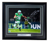 Sports Integrity Saquon Barkley Signed Framed 16x20 Eagles Kelly Green Photo with BAS ITP, featuring a commemorative nameplate below the image.