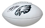 The Sports Integrity Saquon Barkley Signed Philadelphia Eagles Logo Football BAS ITP is a white football featuring the Eagles logo and Saquon Barkley’s black signature.