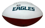 The Saquon Barkley Signed Philadelphia Eagles Logo Football by Sports Integrity features a white top, brown bottom, and bold dark green EAGLES lettering across the white section.