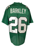 The Sports Integrity Saquon Barkley Philadelphia Signed Kelly Green Football Jersey features white block number 26 and Barkley’s name above, plus a BAS-certified autograph on the lower part of the left number.