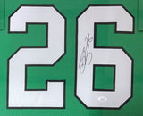 The Sports Integrity Saquon Barkley Philadelphia Signed Framed Kelly Green Football Jersey features large white "26" numbers outlined in black, a black ink signature overlapping the number 6, and a JSA authentication sticker below.