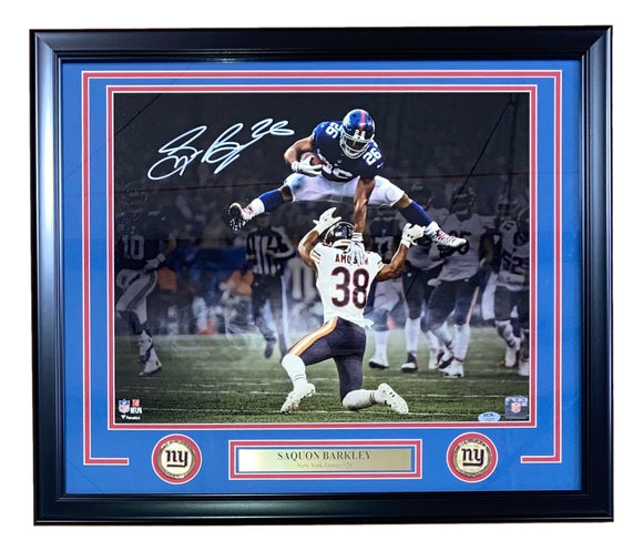 Saquon Barkley Full Signature Framed 16x20 Giants Spotlight Hurdle Photo PSA ITP Sports Integrity