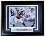 Sports Integrity's Saquon Barkley Signed Framed 8x10 Penn State Nittany Lions Photo (JSA SD): features Barkley in uniform running with the ball, with a plaque reading "SAQUON BARKLEY Penn State Nittany Lions - 26.