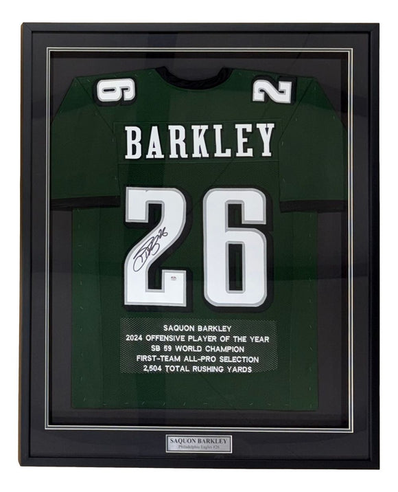 Saquon Barkley Philadelphia Signed Framed Green Stat Football Jersey PSA/DNA