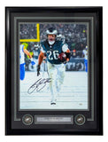 Sports Integrity’s Saquon Barkley Signed Framed 16x20 photo from the Eagles Snow Game vs Rams includes his autograph, two commemorative coins, and a nameplate reading “Saquon Barkley.” Authenticated by PSA/DNA ITP.