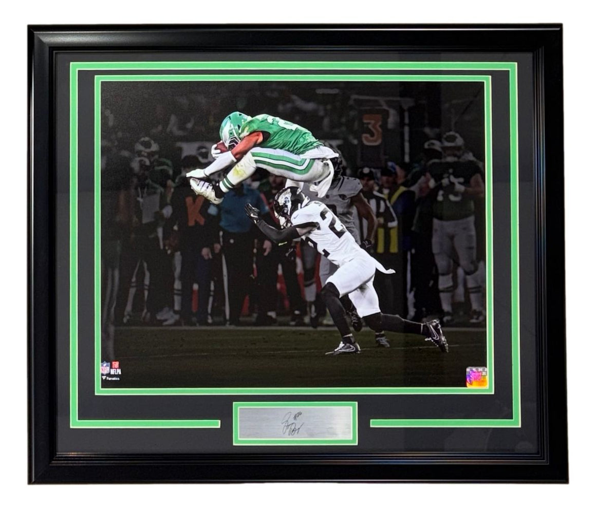 Saquon Barkley Framed 16x20 Eagles Reverse Hurdle Photo 2 w/ Laser Eng ...