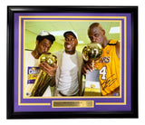 Shaquille O'Neal Signed Framed 16x20 Lakers Photo w/ Kobe Bryant & Magic BAS