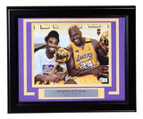 The Sports Integrity Shaquille O'Neal Signed Framed 8x10 Lakers Photo features Shaquille O'Neal (in jersey #34) and Kobe Bryant smiling with trophies, plus a plaque with O'Neal's name.