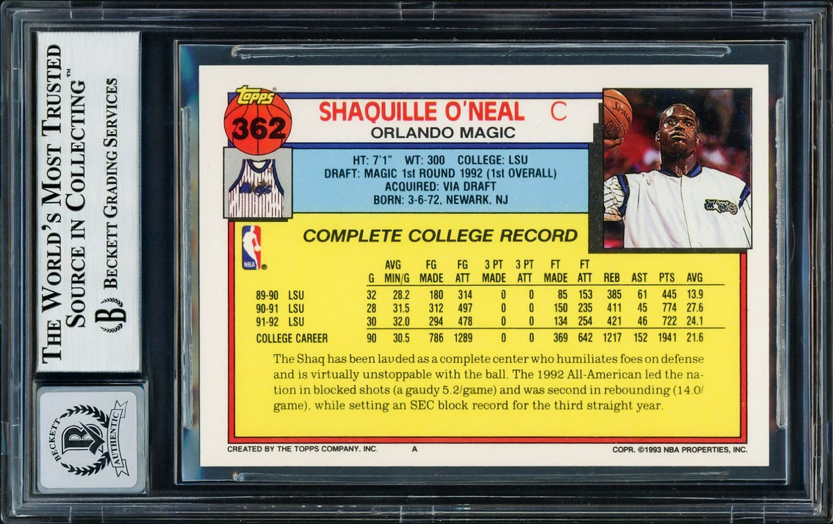 Shaquille O'Neal Signed 1992/93 Topps #362 Magic Rookie Card BAS Auto ...